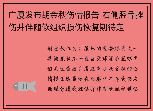 广厦发布胡金秋伤情报告 右侧胫骨挫伤并伴随软组织损伤恢复期待定